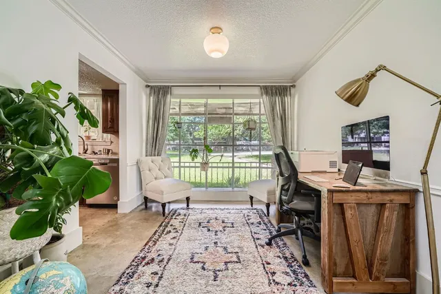 a workspace with furniture and a potted plant