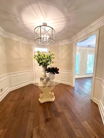 a view of dining room with wooden floor