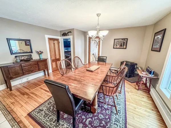 a view of a dining room with furniture