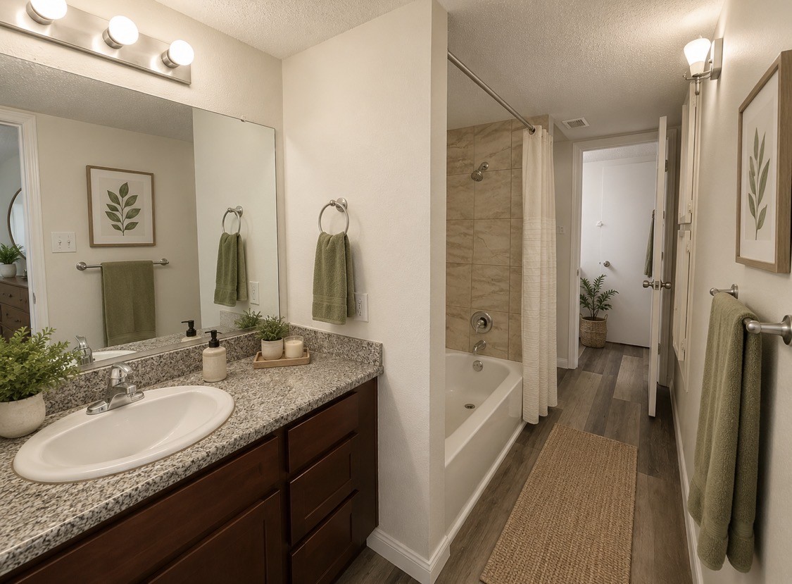 7789 Cook Road Houston, TX 77072 - Photo 17 of 18 a bathroom with a granite countertop sink a mirror a bathtub and shower