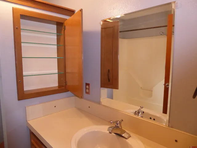 a bathroom with a tub sink and mirror