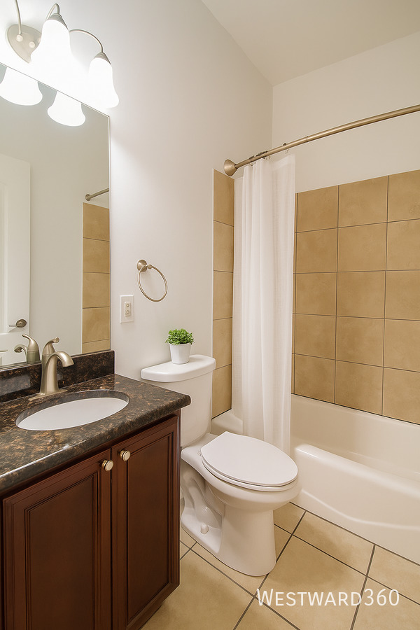 5172 South Michigan Avenue, Unit 1 Chicago, IL 60615 - Photo 10 of 14 a bathroom with a granite countertop sink toilet a mirror and shower