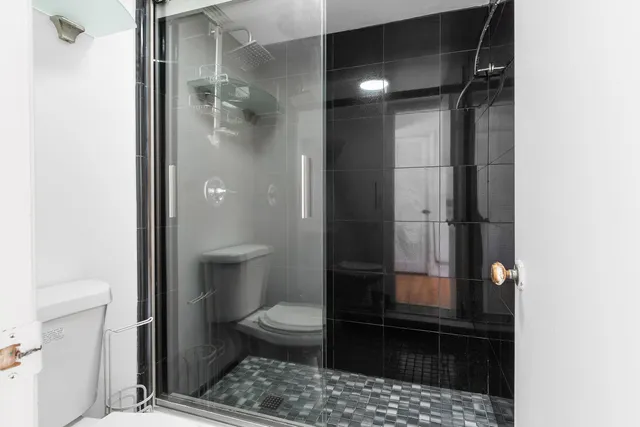 a bathroom with a toilet and a shower