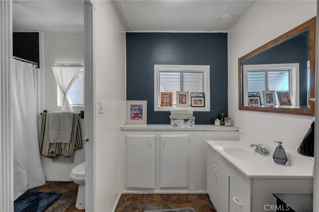 a bathroom with a sink toilet and mirror