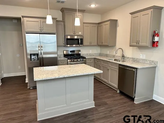 a kitchen with a sink a counter space appliances and cabinets
