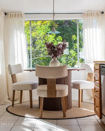 a view of a dining room with furniture window and outside view