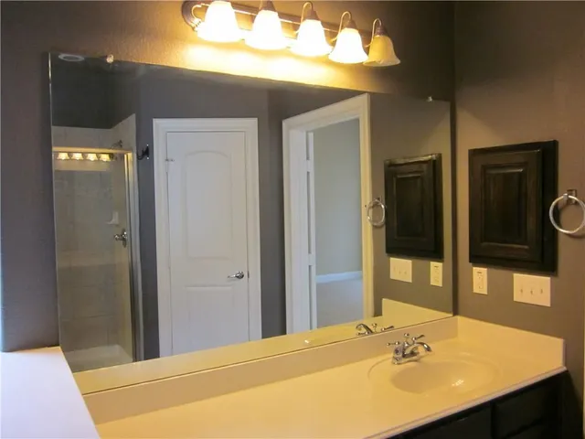 a bathroom with a sink and a mirror
