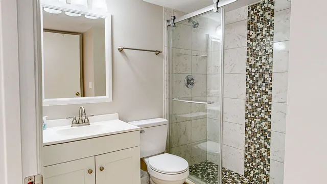 a bathroom with a sink a toilet and shower