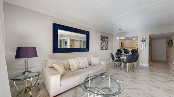 a living room with furniture a couch and a potted plant