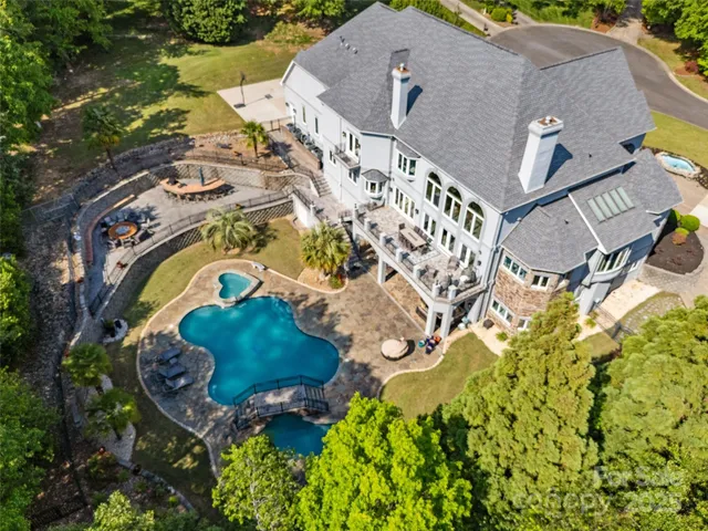 an aerial view of a house with a yard and a large tree