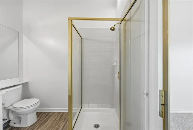 a bathroom with a toilet and shower