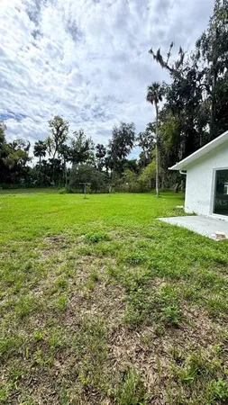 a view of a house with a yard and potted plants
