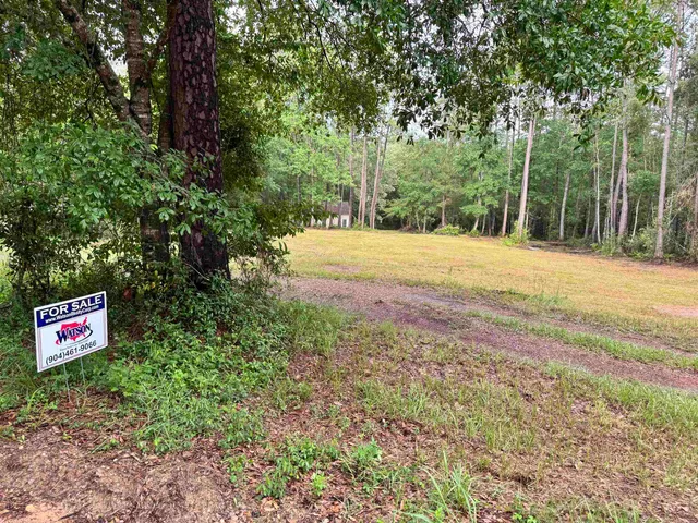 a sign board with tall trees