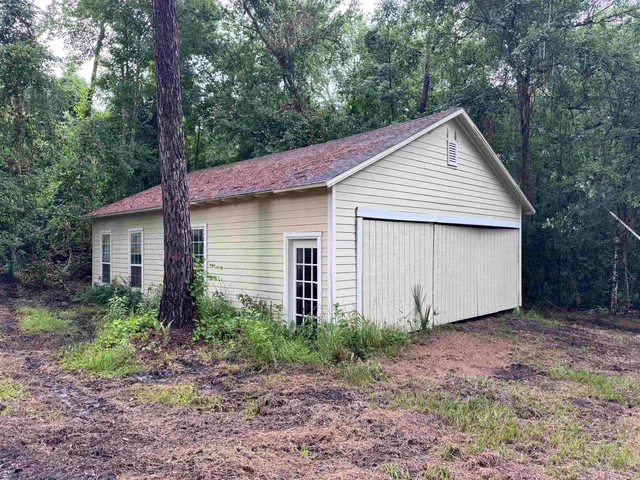 a backyard of a house with plants and large tree