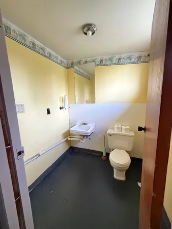 a bathroom with a sink mirror vanity and toilet