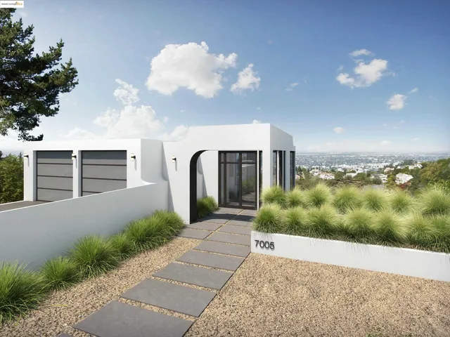 a view of a house with a yard and potted plants