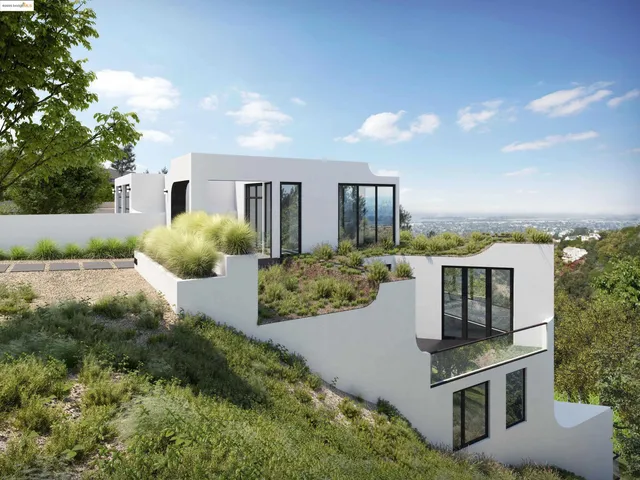 a view of a house with a yard and potted plants