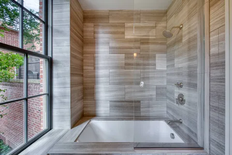 a bathroom with a bathtub