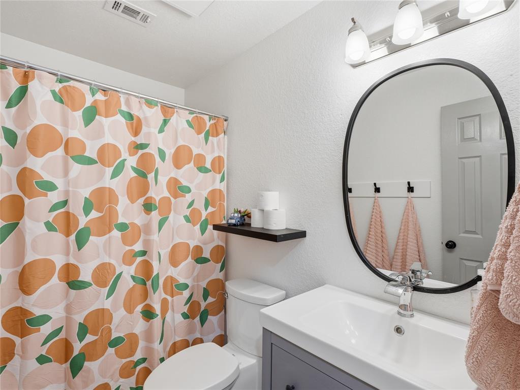 12724 Carpenter Lane Rhome, TX 76078 - Photo 21 of 37 Modern bathroom vanity with a basin sink, chrome faucet, and oval-framed mirror