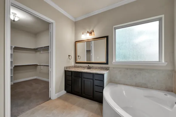 a bathroom with a tub sink and mirror