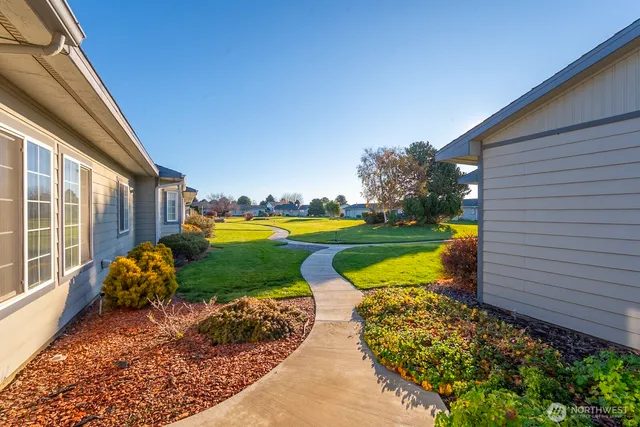 a view of a garden with a lounge chair