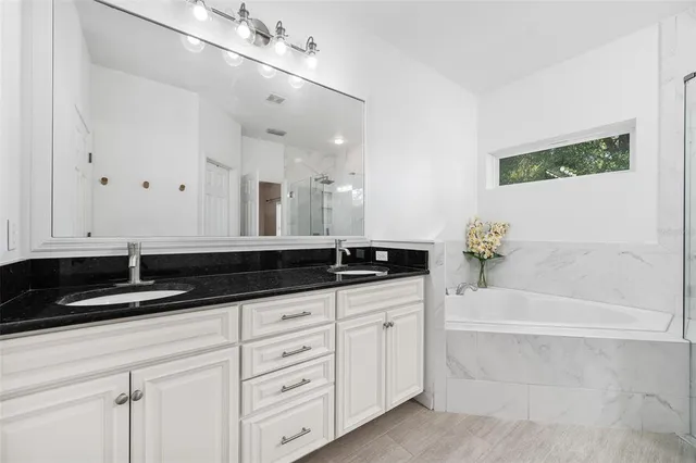 a bathroom with a sink a bathtub a mirror and vanity