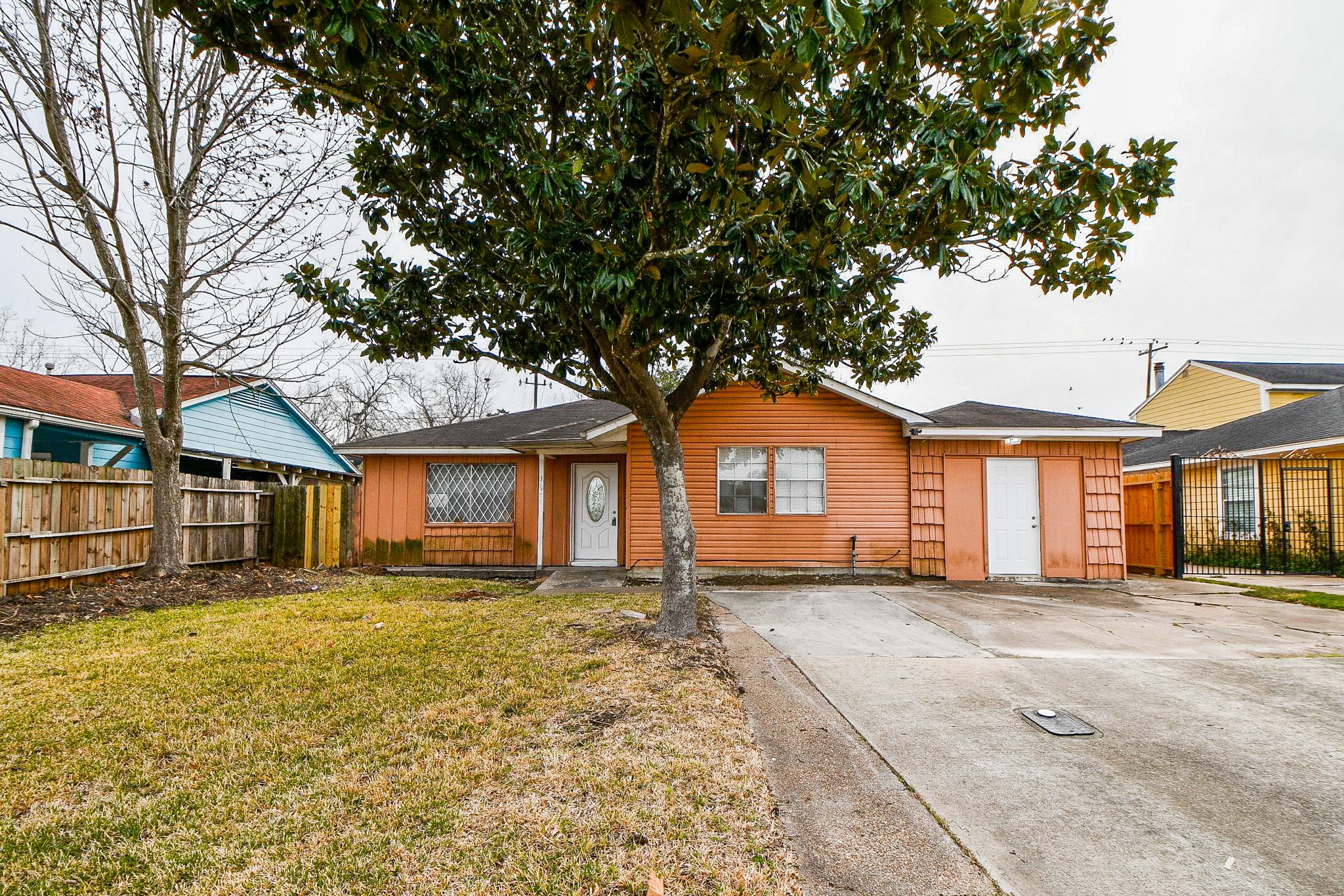 Single-story home with a welcoming front door and a large tree in the yard.