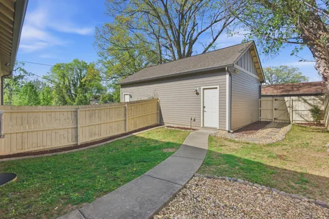 a view of a backyard with a large tree