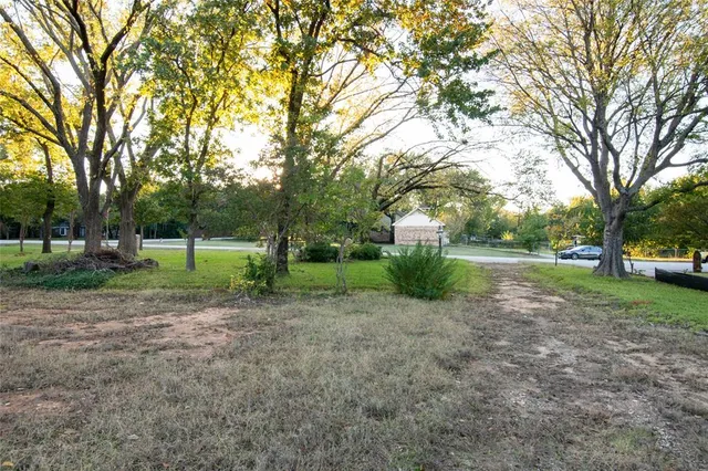 a view of a yard with a house and large trees