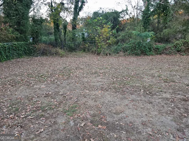 a view of a dry yard with trees in the background