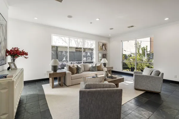 a living room with furniture and a potted plant