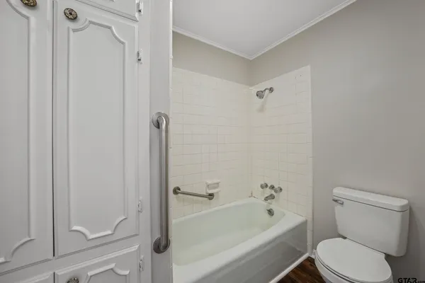 a bathroom with a toilet and a bathtub