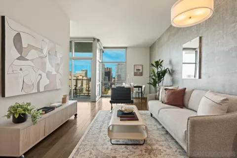 a living room with furniture and a potted plant
