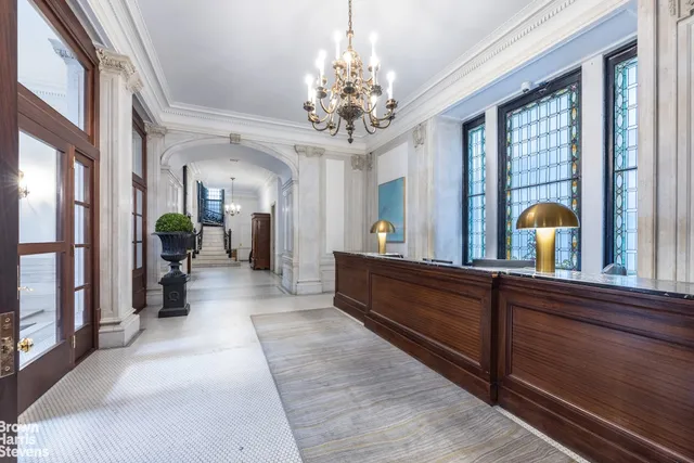 a view of lobby with chandelier