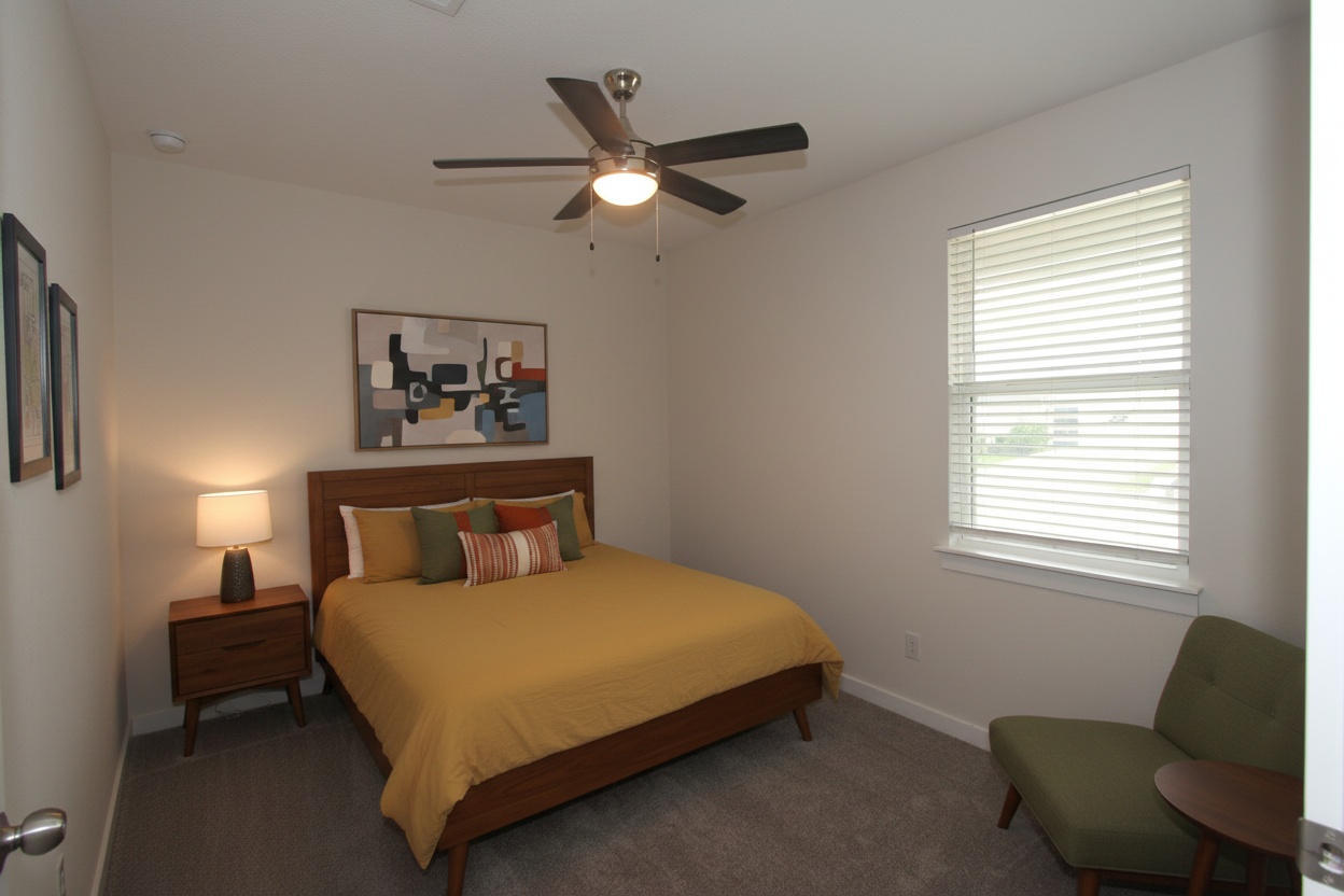 100 Century Plant Road Leander, TX 78641 - Photo 16 of 36 A restful bedroom offers soft carpet, a contemporary ceiling fan, and a generous window for natural light.