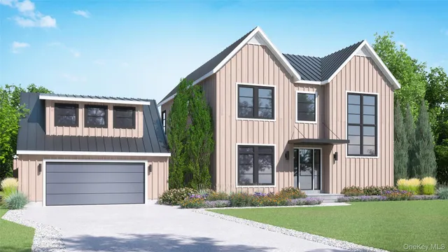 a view of a brick house with many windows and a yard
