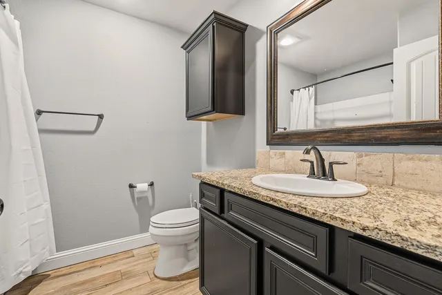 a bathroom with a granite countertop sink a toilet and a mirror