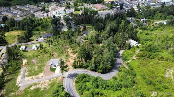 an aerial view of residential house with outdoor space and trees all around
