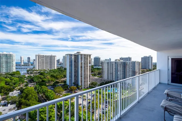 a view of a building from a balcony
