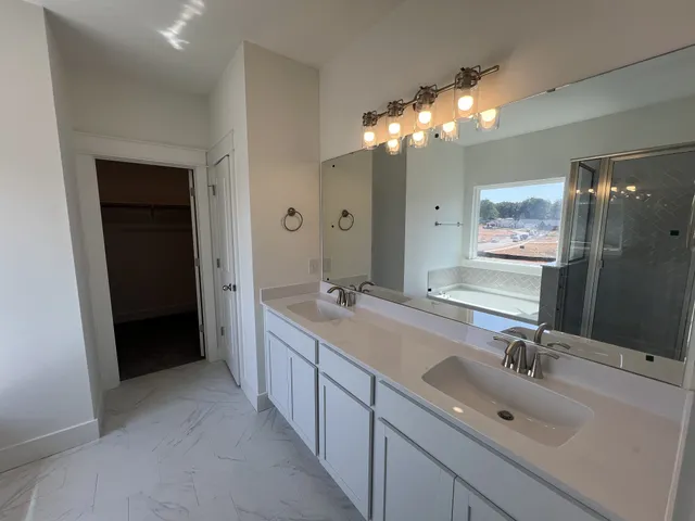 a bathroom with a double vanity sink and a mirror