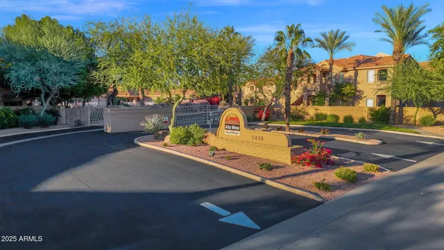a view of a street with palm trees