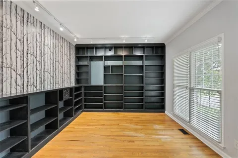 a view of a room with shelves