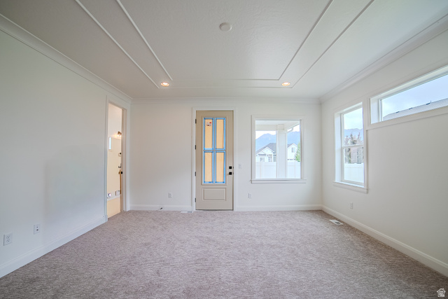 223 South Cottonwood Road, Unit 7501 Vineyard, UT 84059 - Photo 27 of 45 Spacious room featuring neutral carpeting, a tray ceiling with recessed lighting, and multiple windows providing ample natural light