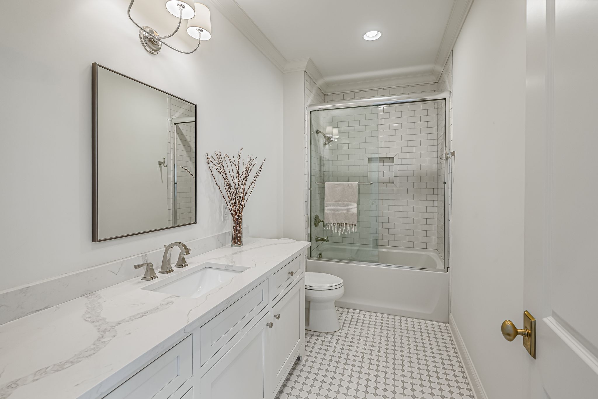 154 A Cheek Road Nashville, TN 37205 - Photo 46 of 61 a bathroom with a granite countertop sink a toilet a mirror and shower