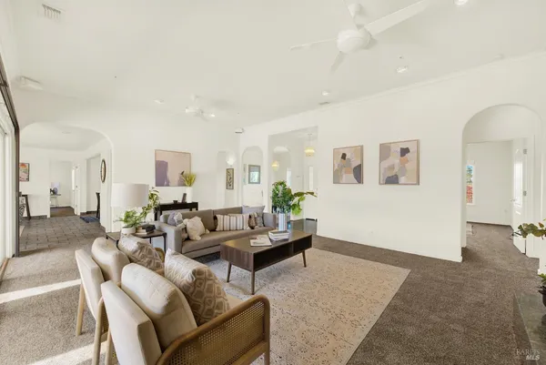 a view of a dining room with furniture