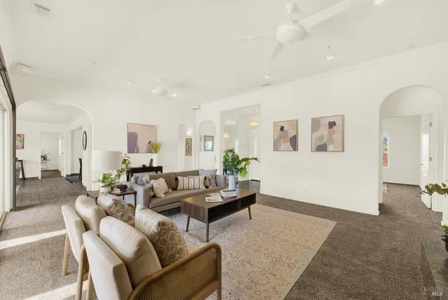 a view of a dining room with furniture