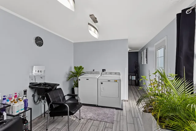 a living room with furniture and a potted plant