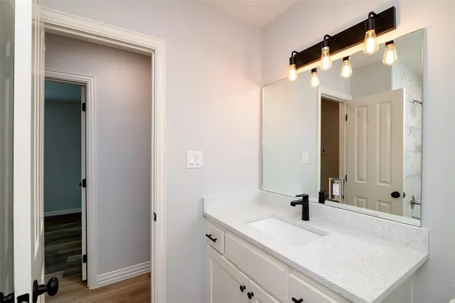 a bathroom with a sink and a mirror