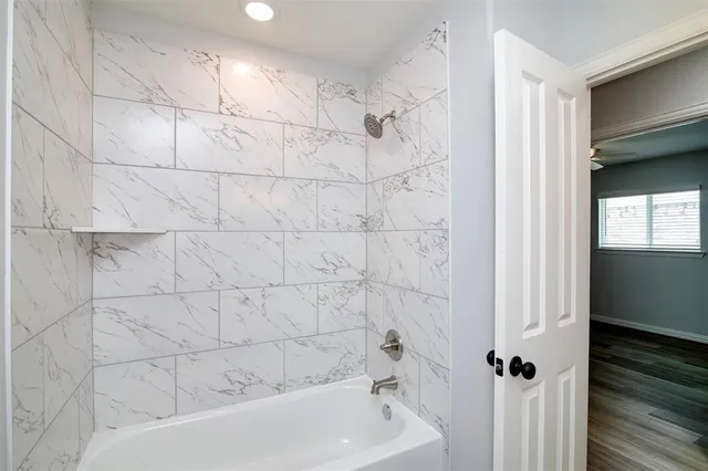 a bathroom with a bathtub