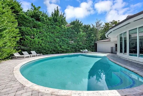 a view of a swimming pool with a yard
